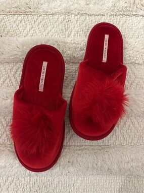 Victoria's Secret Red Plush Pom Slide Slippers